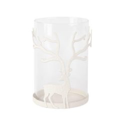 Theelichthouder rendier – glas en wit metaal – 13x20cm