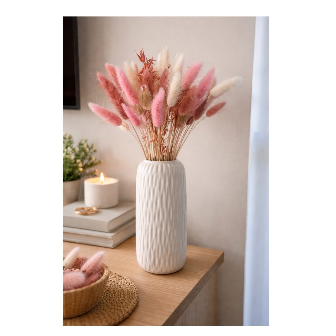 Witte vaas met droogbloemen 9x20cm