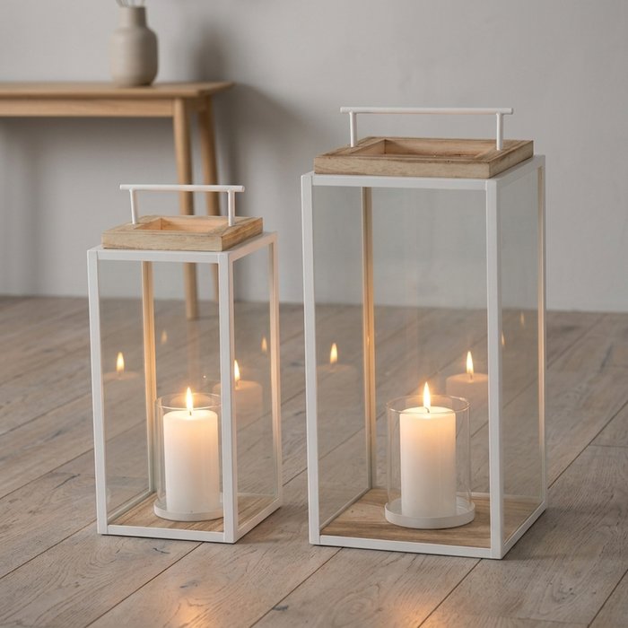Boltze witte lantaarn met hout en glas – 44 x 20 cm - Afbeelding 4