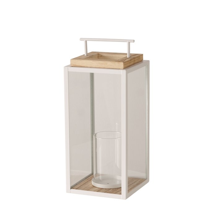 Boltze witte lantaarn met hout en glas – 44 x 20 cm