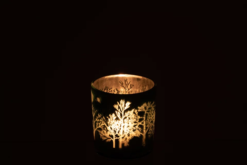 J-line - theelichthouder met bomen - groen - 7x7x8cm - Afbeelding 2